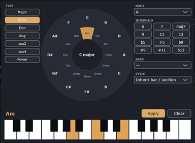 The chord selector, with A minor selected in the key of C major