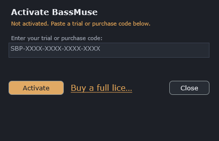 The Activate BassMuse screen: a code field, an Activate button, a Buy link and Close