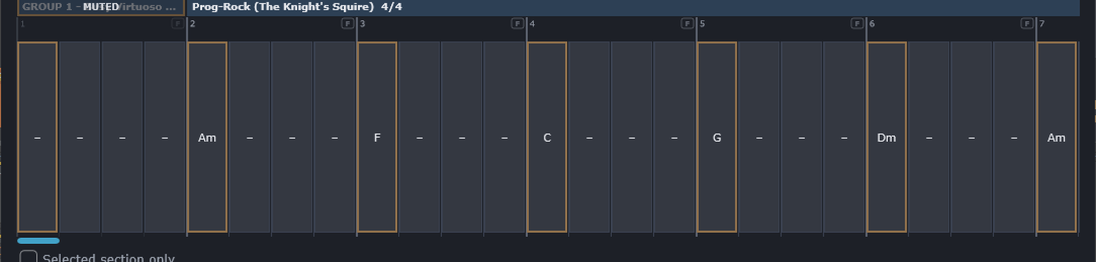 A section band above its numbered bar grid, chords sitting in some of the cells