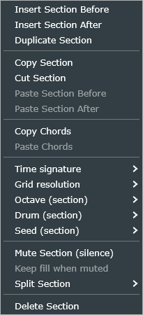 The section band right-click menu, with Time signature, Grid resolution, Octave, Drum and Seed submenus