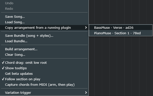 The File menu's Copy arrangement from a running plugin submenu, listing the other open Muse instances