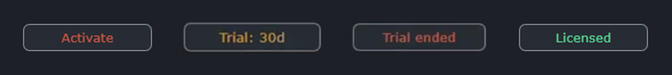 The License button in its four states: Activate red, Trial amber, Licensed green, Trial ended red
