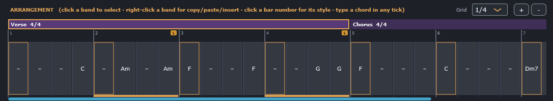 A section band above its numbered bar grid, chords sitting in some of the cells