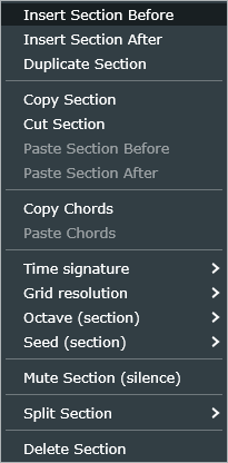 The section band right-click menu, with Time signature, Grid resolution, Octave and Seed submenus