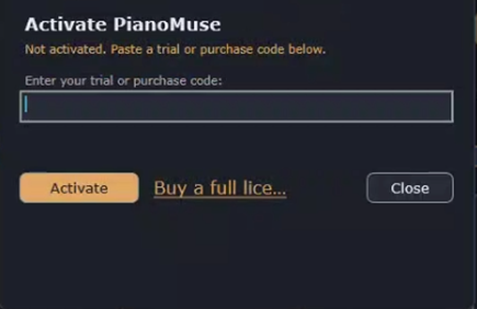 The Activate PianoMuse screen: a code field, an Activate button, a Buy link and Close