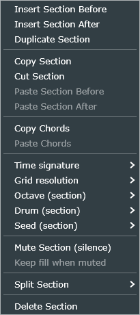 The section band right-click menu, with Time signature, Grid resolution, Octave, Drum and Seed submenus