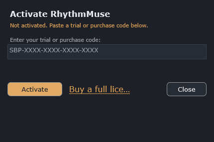 The Activate RhythmMuse screen: a code field, an Activate button, a Buy link and Close