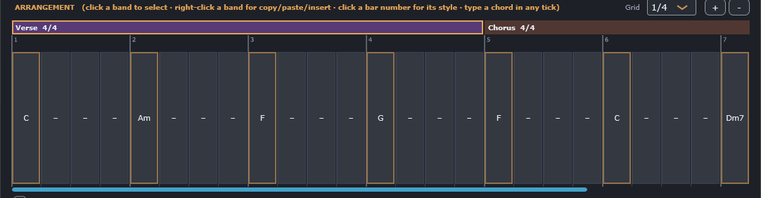A section band above its numbered bar grid, chords sitting in some of the cells