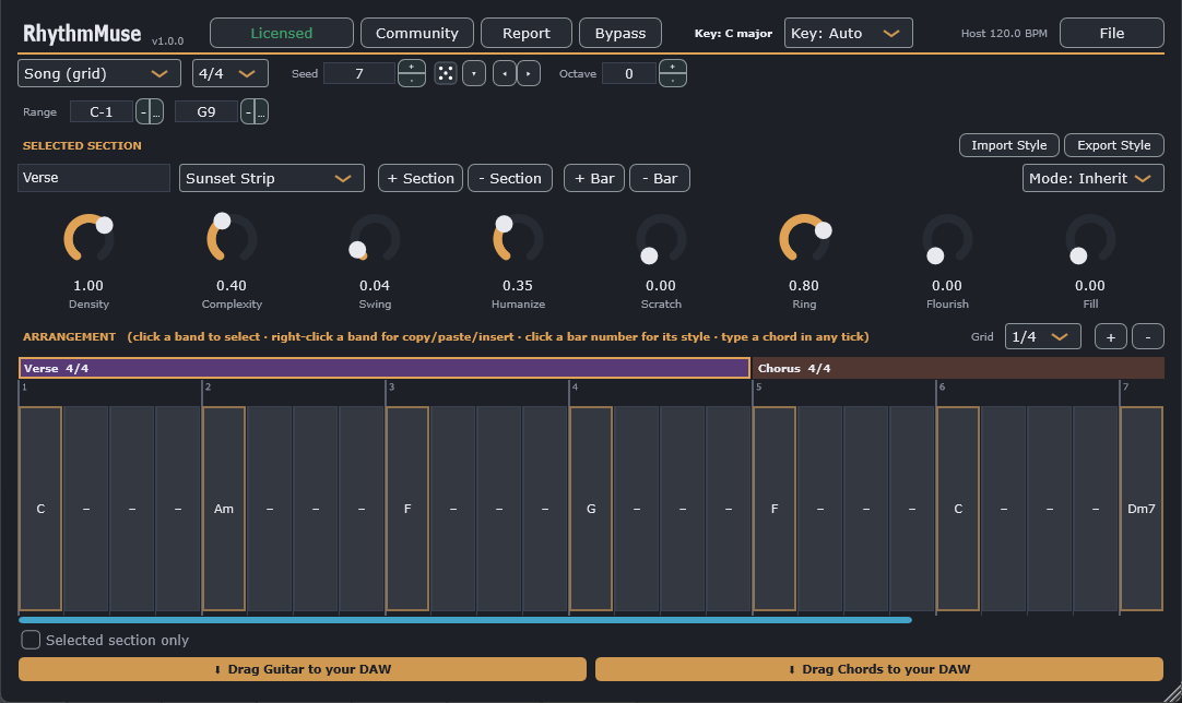 The arranger after loading Example-VerseChorus, with a Verse and Chorus of chords in the grid