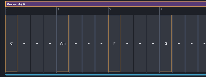 The Verse band and its four bars; bar 3 holds two chords, F then G